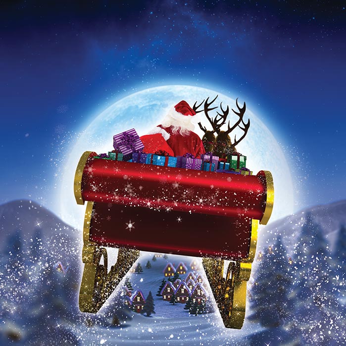 An illustration of Santa's sleigh flying in the night.